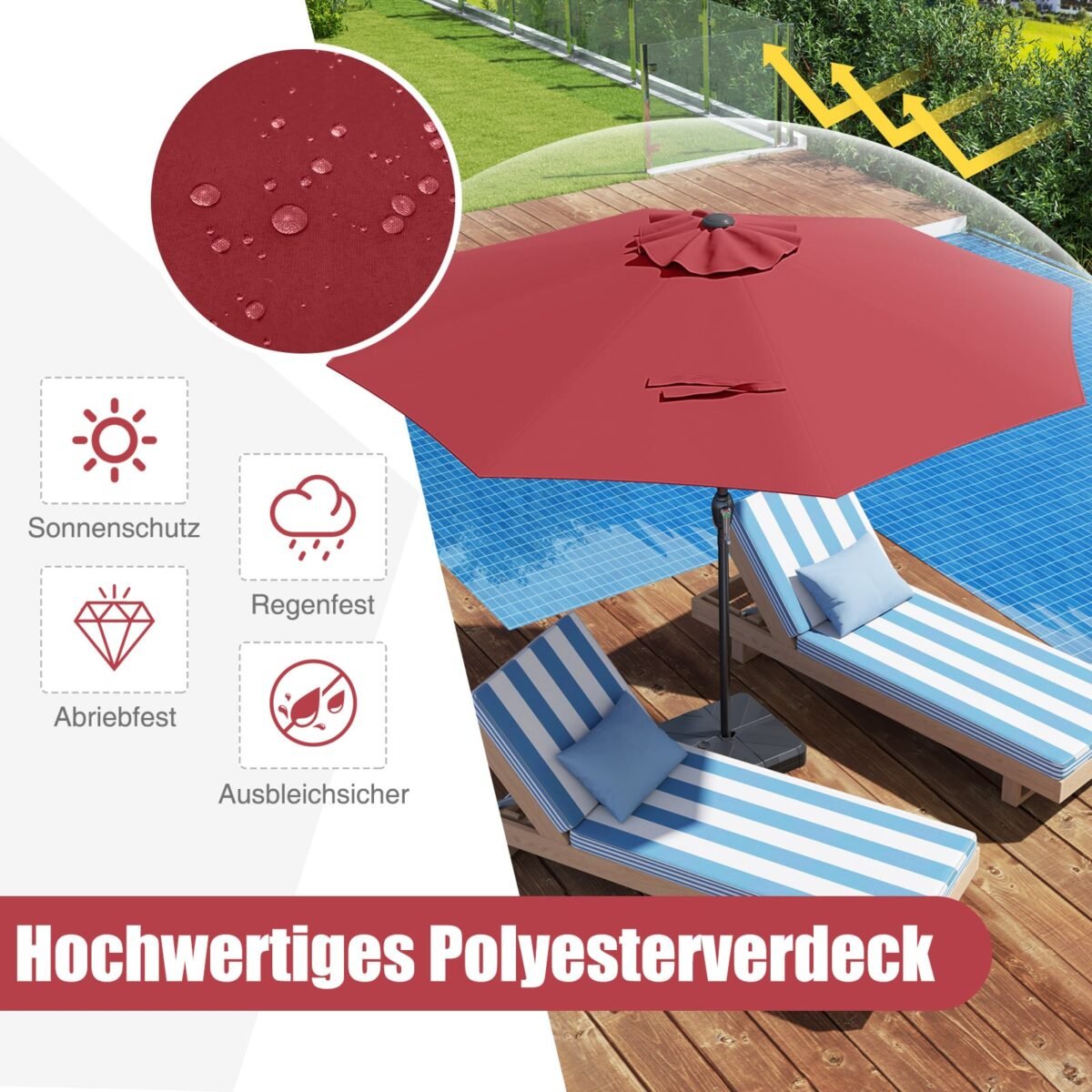 auko skėtis su rankena ir ventiliacine anga Ø 260 cm (Vyno raudona) – Paveikslėlis 3