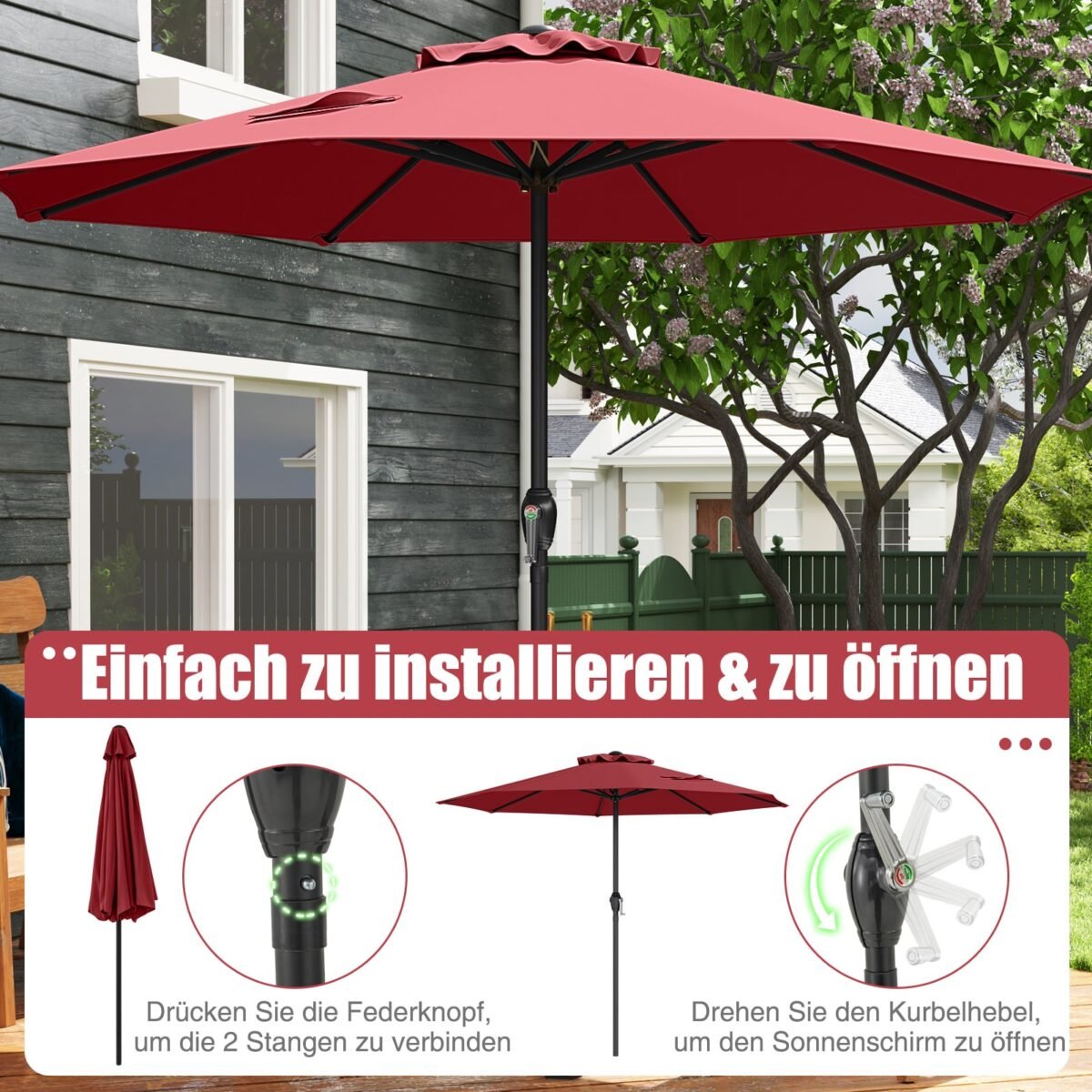 auko skėtis su rankena ir ventiliacine anga Ø 260 cm (Vyno raudona) – Paveikslėlis 4