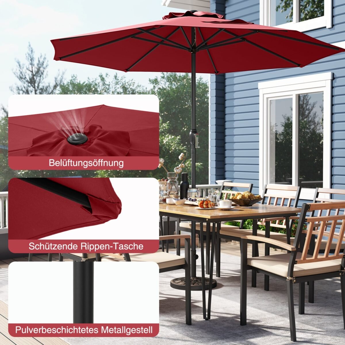 auko skėtis su rankena ir ventiliacine anga Ø 260 cm (Vyno raudona) – Paveikslėlis 5