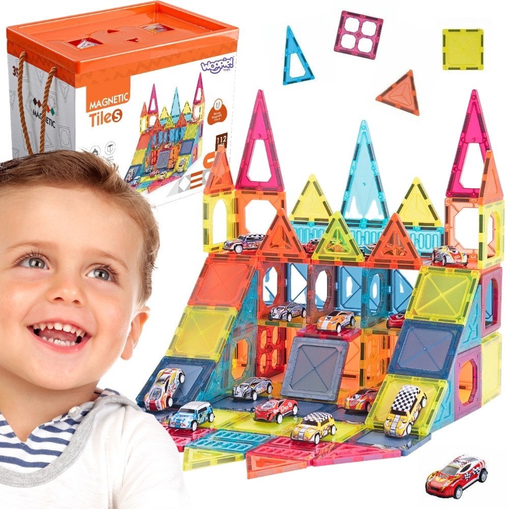 Magnetinių kaladėlių aikštelės konstravimo rinkinys su automobiliukais