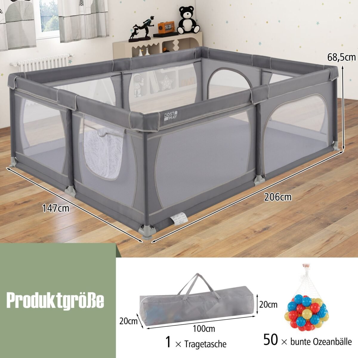 Maniežas kūdikiams su 50 kamuoliukų ir dvejomis durelėmis (Tamsiai pilka) – Paveikslėlis 2