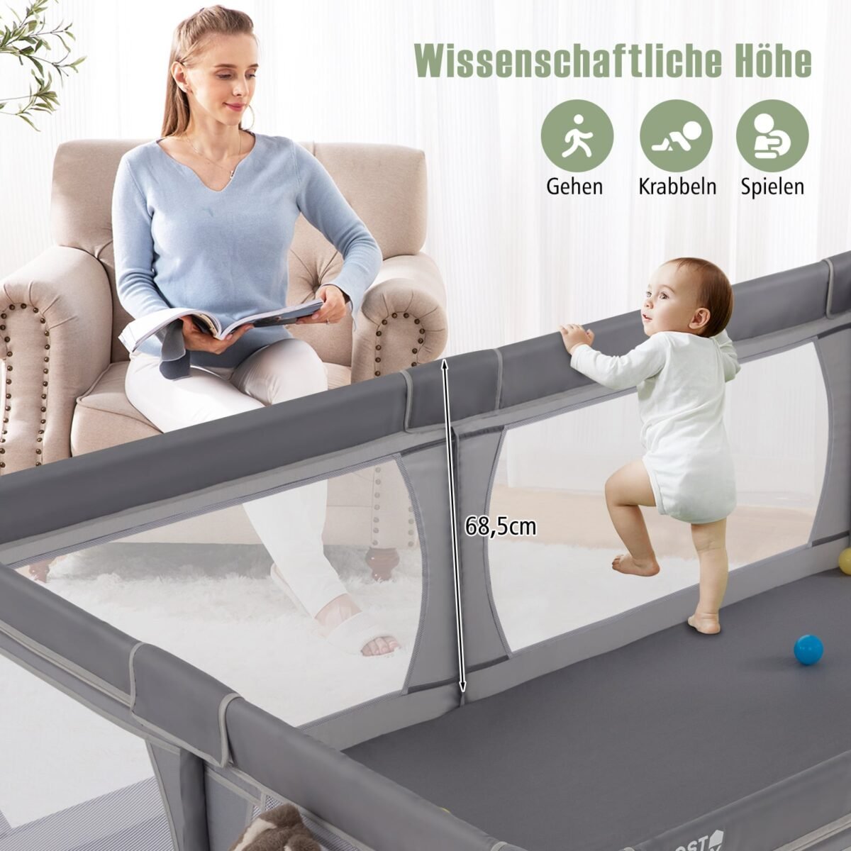 Maniežas kūdikiams su 50 kamuoliukų ir dvejomis durelėmis (Tamsiai pilka) – Paveikslėlis 4