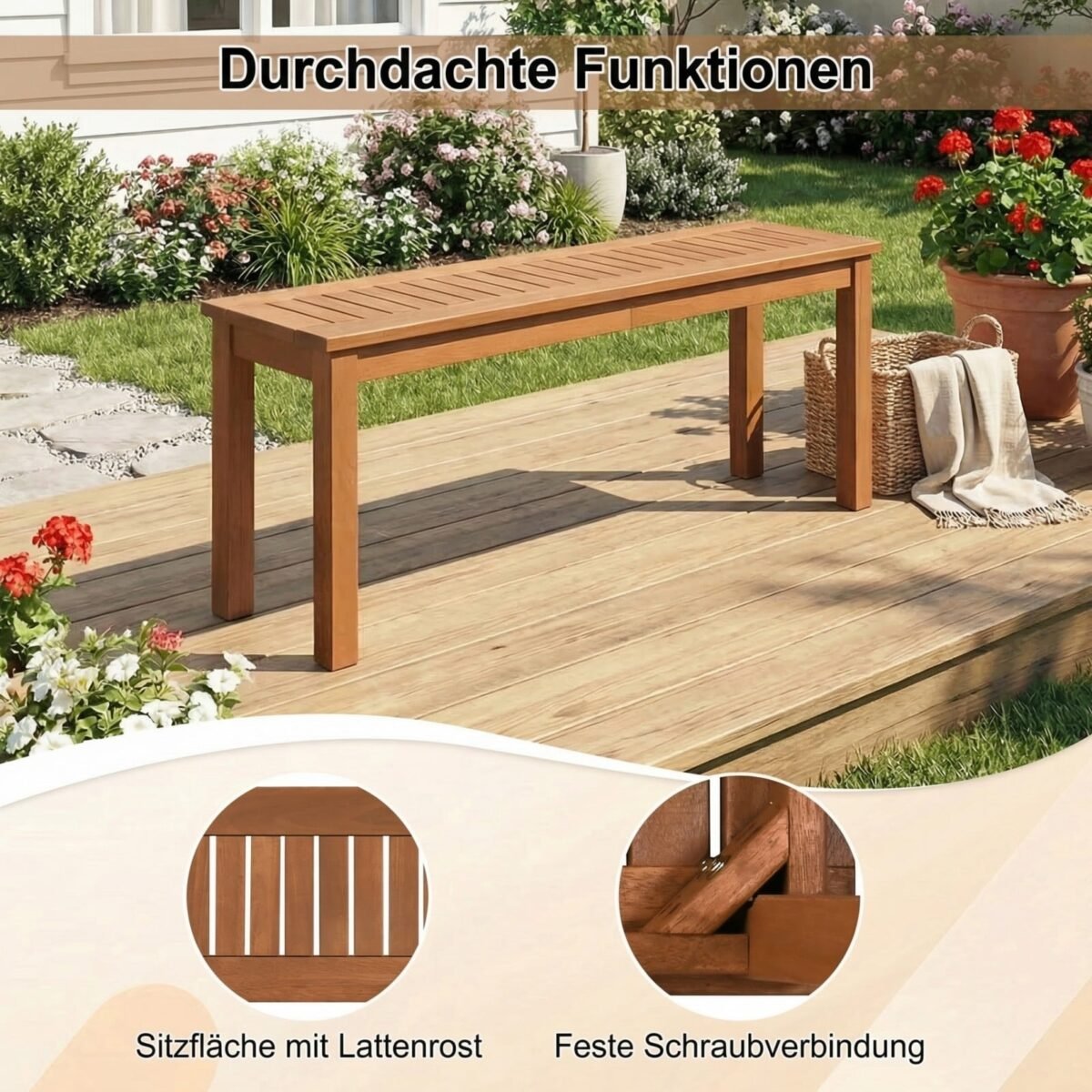 Masyvios medienos sodo suoliukas su tikmedžio aliejaus apdaila (Natūrali) – Paveikslėlis 4