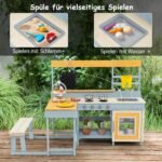 Medinė lauko žaidimų virtuvėlė su pikniko stalu ir suoliuku 2-in-1 (Įvairiaspalvė)