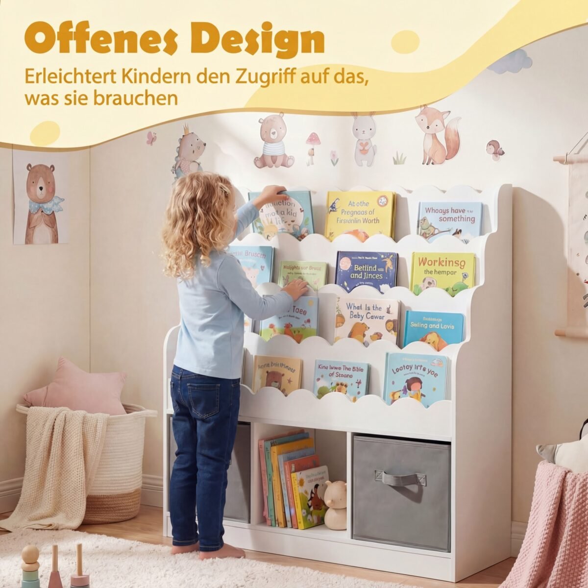 Medinė Montessori knygų lentyna vaikams su 4 lentynomis ir stalčiais (Balta) – Paveikslėlis 4