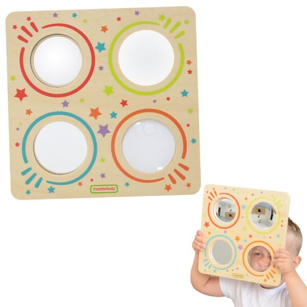 Medinė Montessori sensorinė lenta su veidrodžiais ir lupa