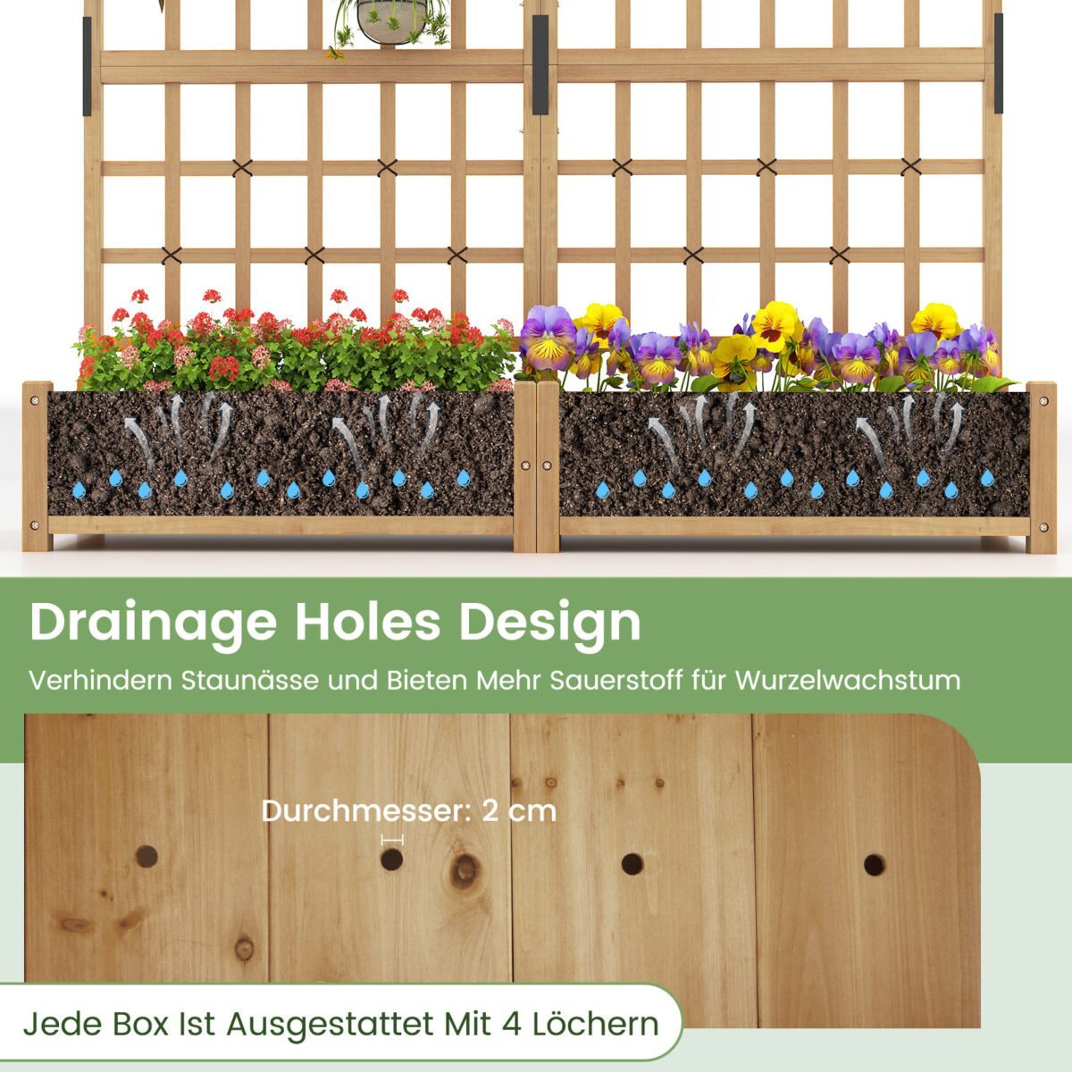 Medinė aukšta lysvė su grotelėmis stogeliu ir dviem vazonais (Natūrali) – Paveikslėlis 3