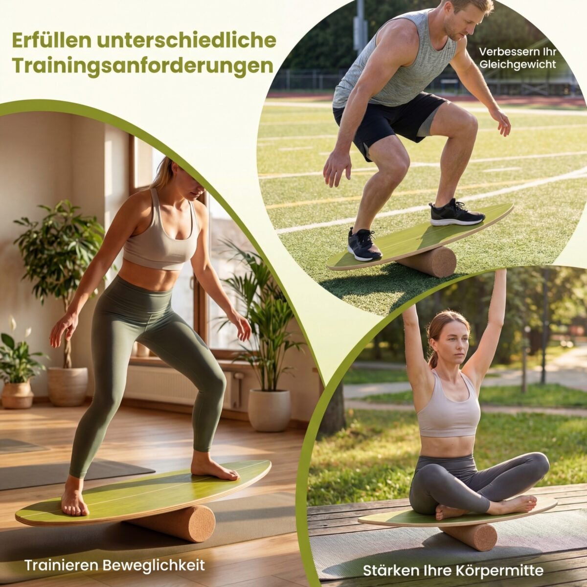 Medinė balansinė lenta su kamštiniu voleliu ir stovu (Žalia)