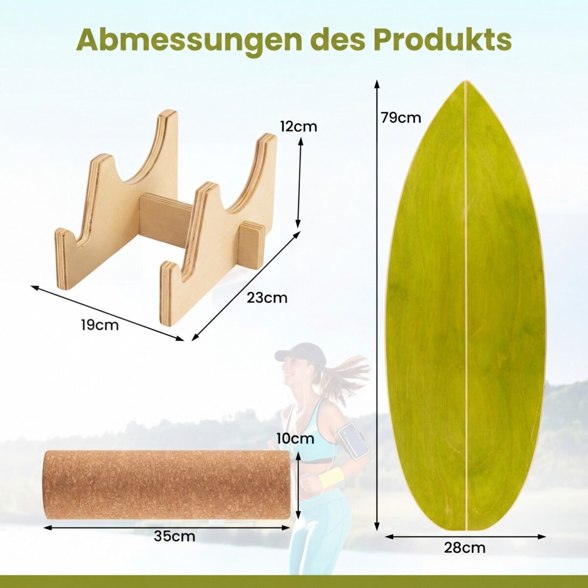 Medinė balansinė lenta su kamštiniu voleliu ir stovu (Žalia) – Paveikslėlis 2