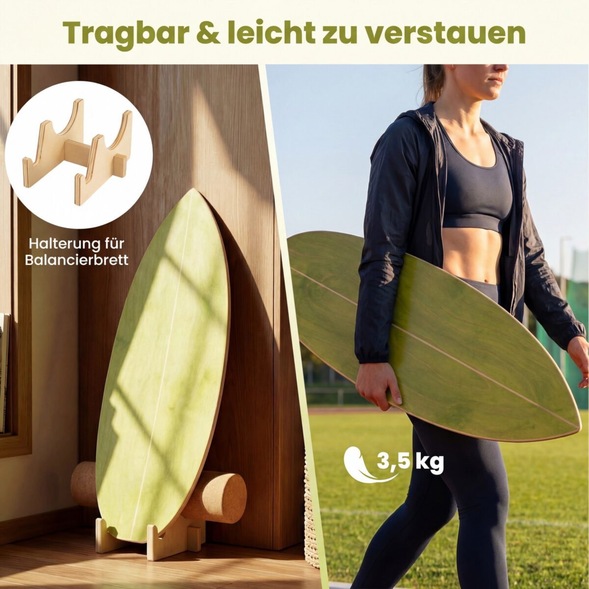 Medinė balansinė lenta su kamštiniu voleliu ir stovu (Žalia) – Paveikslėlis 3