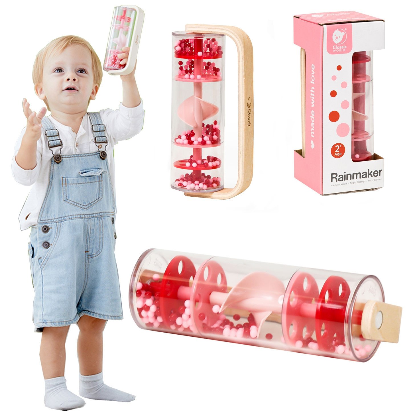 Medinė lietaus lazdelė su raudonais kamuoliukais