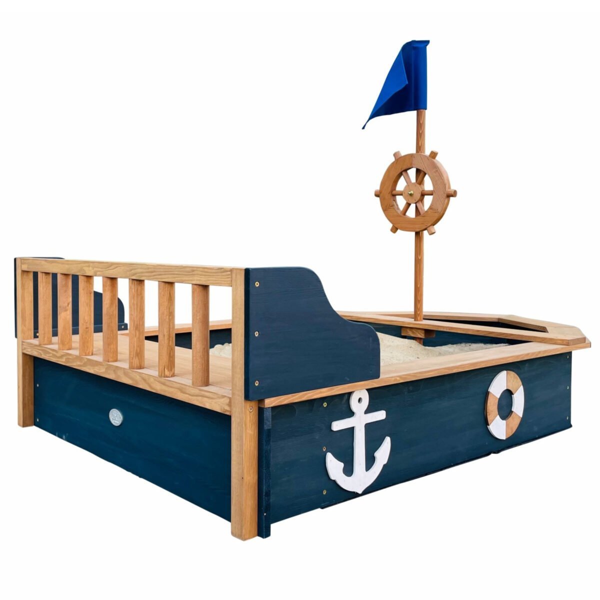 Medinė piratų laivo smėliadėžė su daiktadėže, suoliukais ir uždangalu – Paveikslėlis 12
