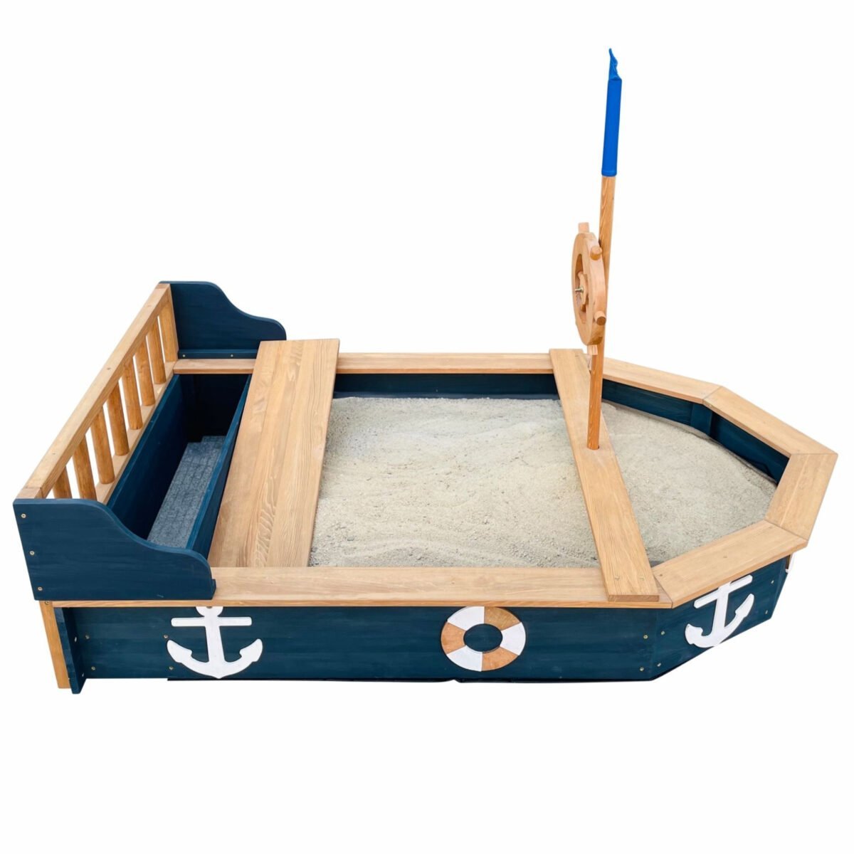 Medinė piratų laivo smėliadėžė su daiktadėže, suoliukais ir uždangalu – Paveikslėlis 13