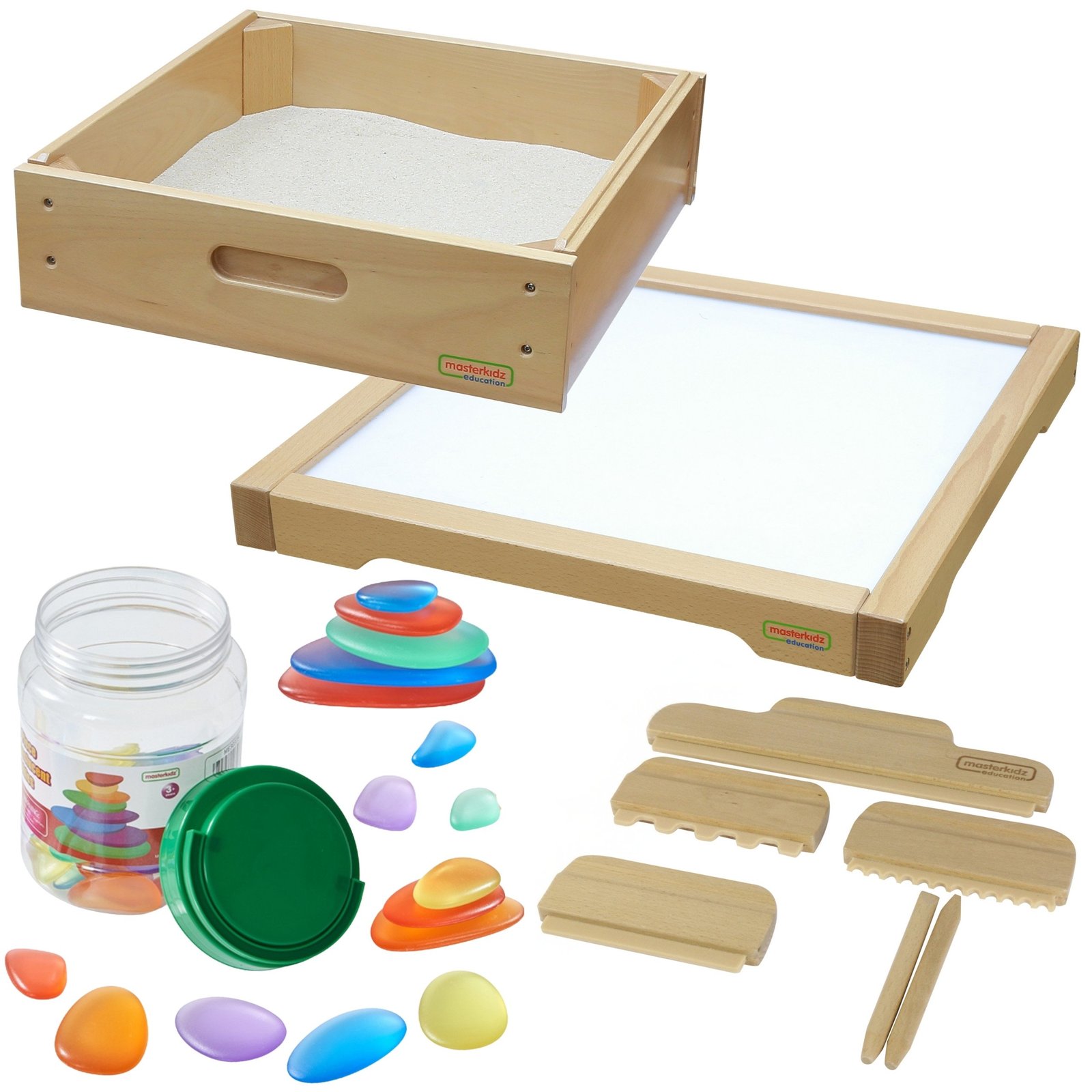 Medinė sensorinė LED dėžė su smėlio dėže ir spalvotais akmenukais