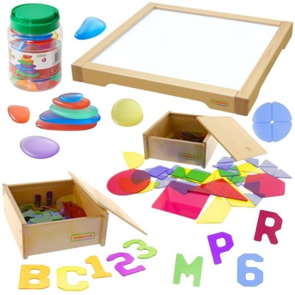 Medinė sensorinė LED šviesos dėžė su priedais