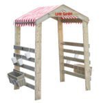 Medinė sodo žaidimų arka su lentynėlėmis ir priedais