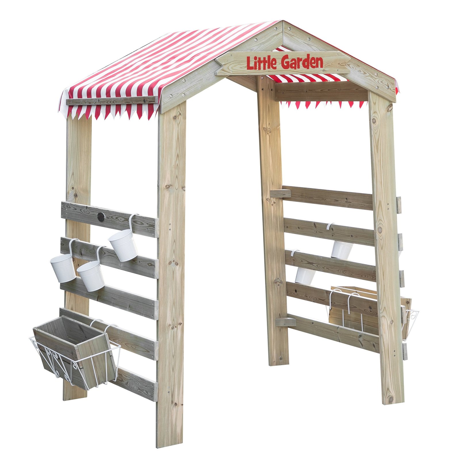 Medinė sodo žaidimų arka su lentynėlėmis ir priedais