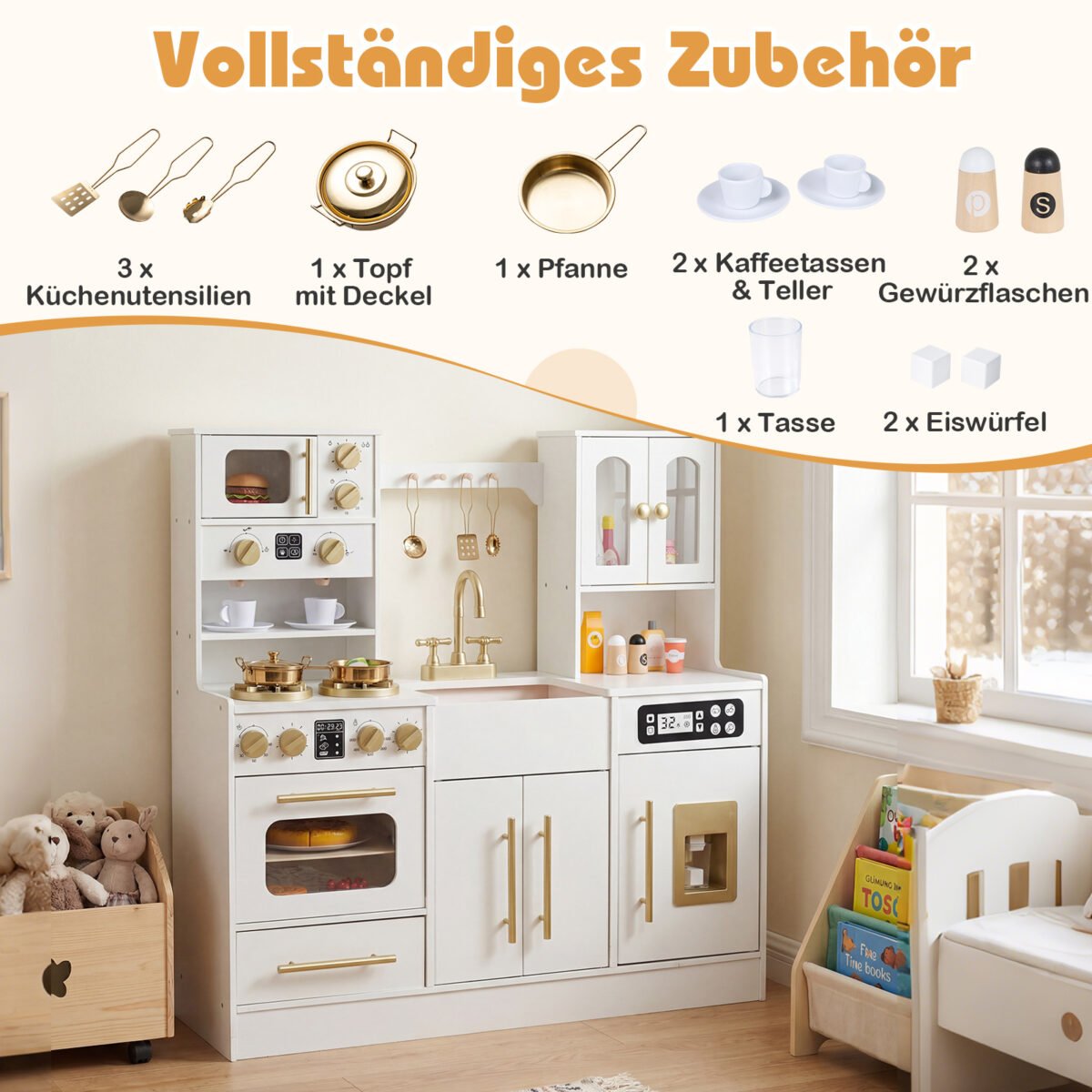 Medinė vaikiška virtuvėlė su šviesos ir garso efektais (Balta) – Paveikslėlis 3