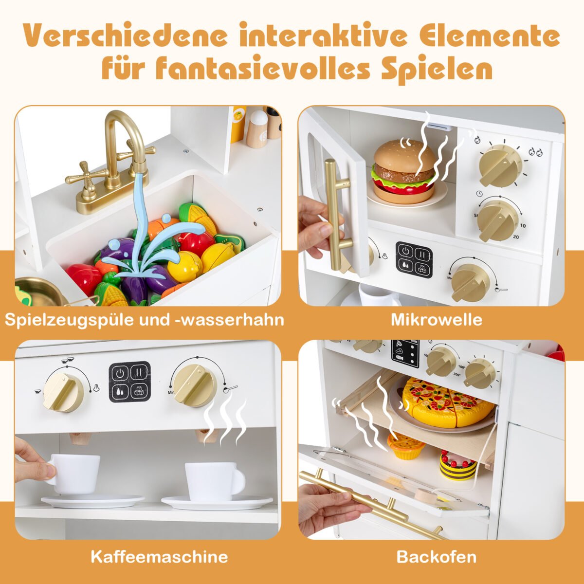 Medinė vaikiška virtuvėlė su šviesos ir garso efektais (Balta) – Paveikslėlis 4