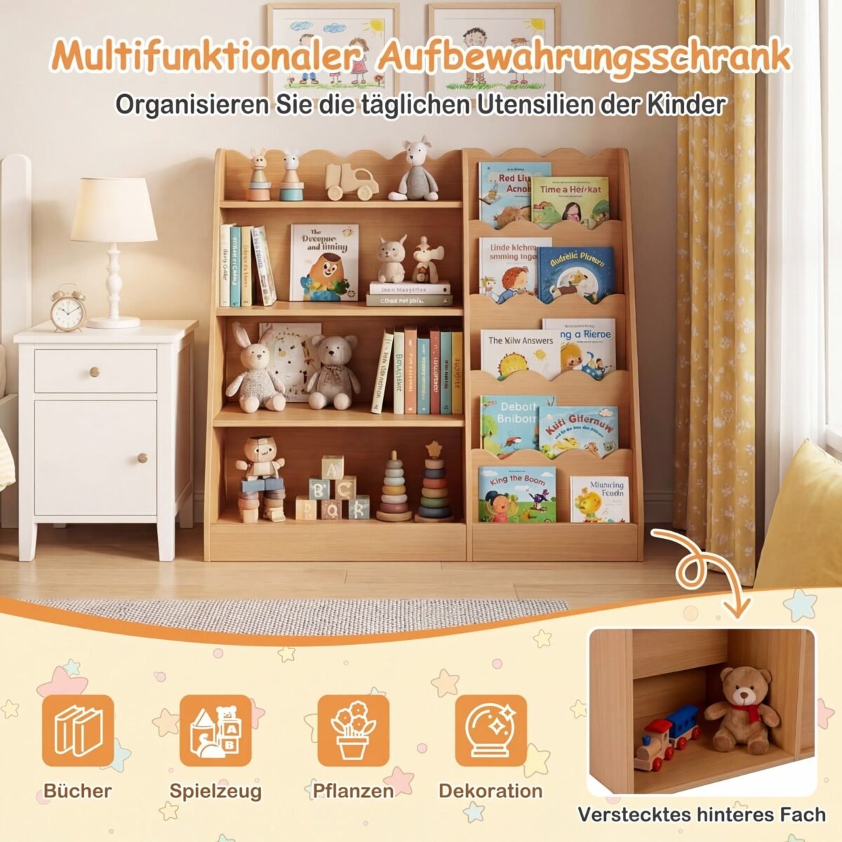 Medinė vaikų knygų lentyna su atviromis lentynomis ir paslėptu skyriumi (Natūrali) – Paveikslėlis 3
