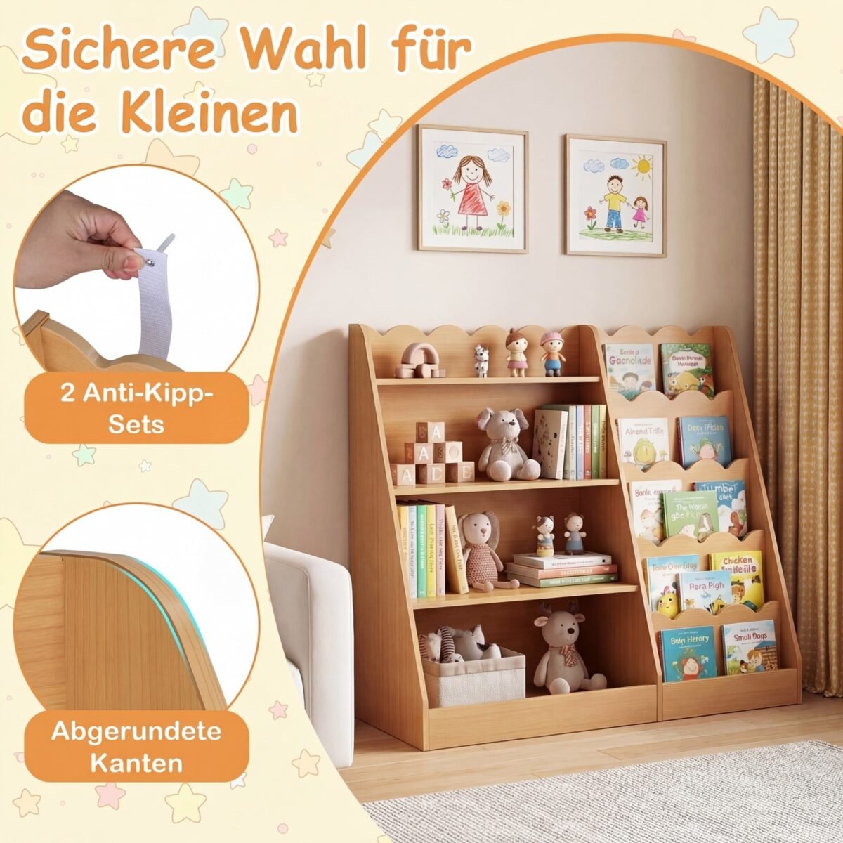 Medinė vaikų knygų lentyna su atviromis lentynomis ir paslėptu skyriumi (Natūrali) – Paveikslėlis 4