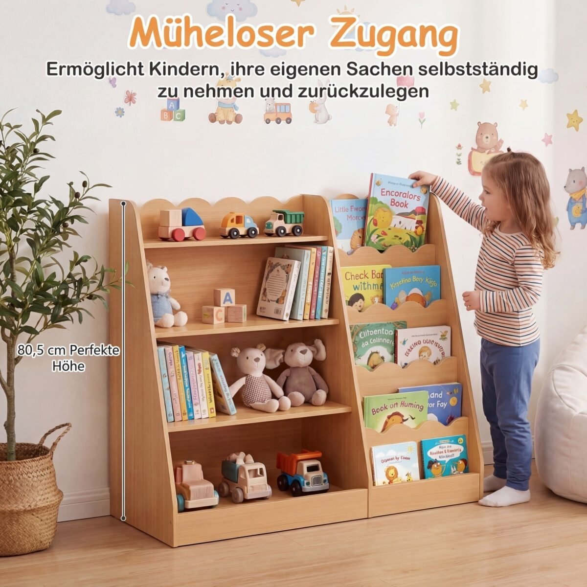 Medinė vaikų knygų lentyna su atviromis lentynomis ir paslėptu skyriumi (Natūrali) – Paveikslėlis 5