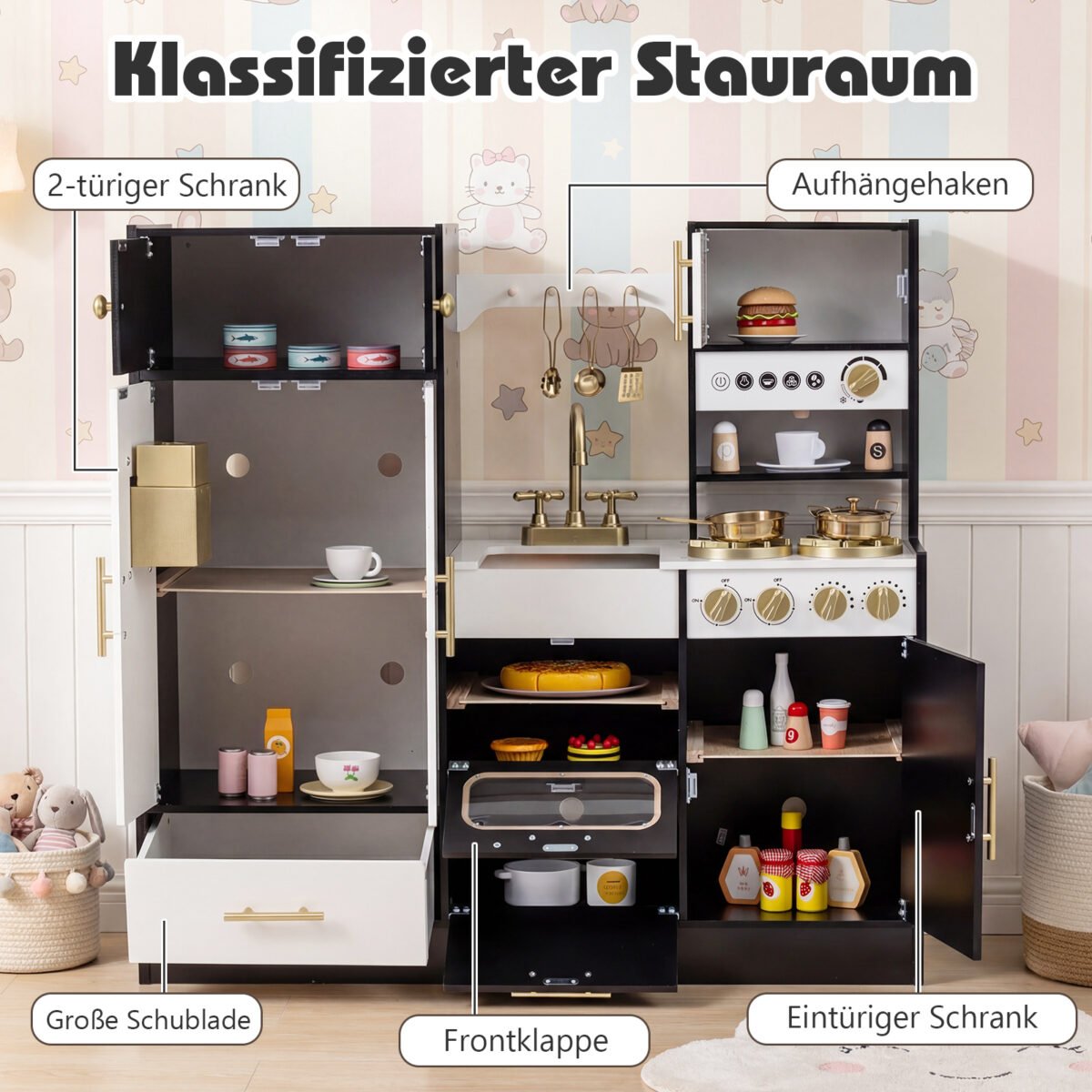 Medinė vaikų virtuvėlė su šviesos ir garso efektais (Juoda) – Paveikslėlis 3