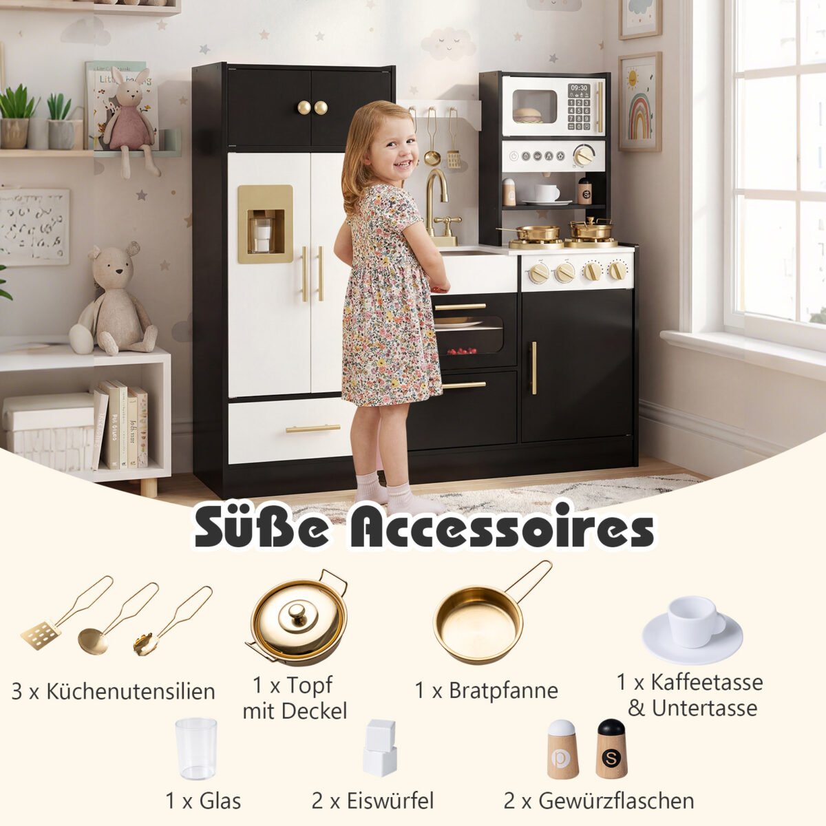 Medinė vaikų virtuvėlė su šviesos ir garso efektais (Juoda) – Paveikslėlis 4