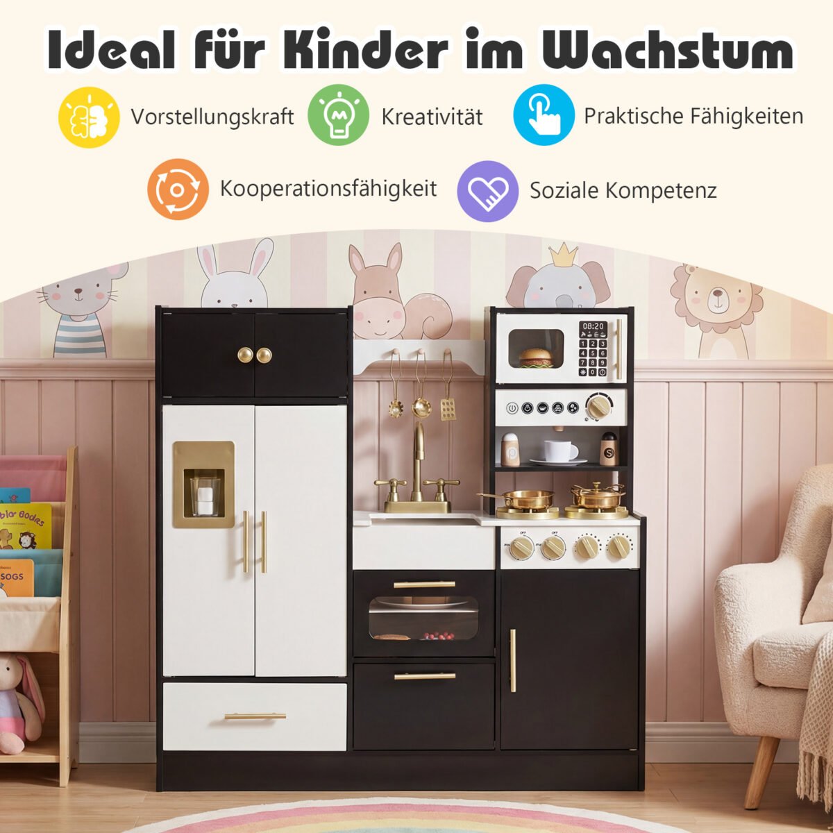 Medinė vaikų virtuvėlė su šviesos ir garso efektais (Juoda) – Paveikslėlis 5