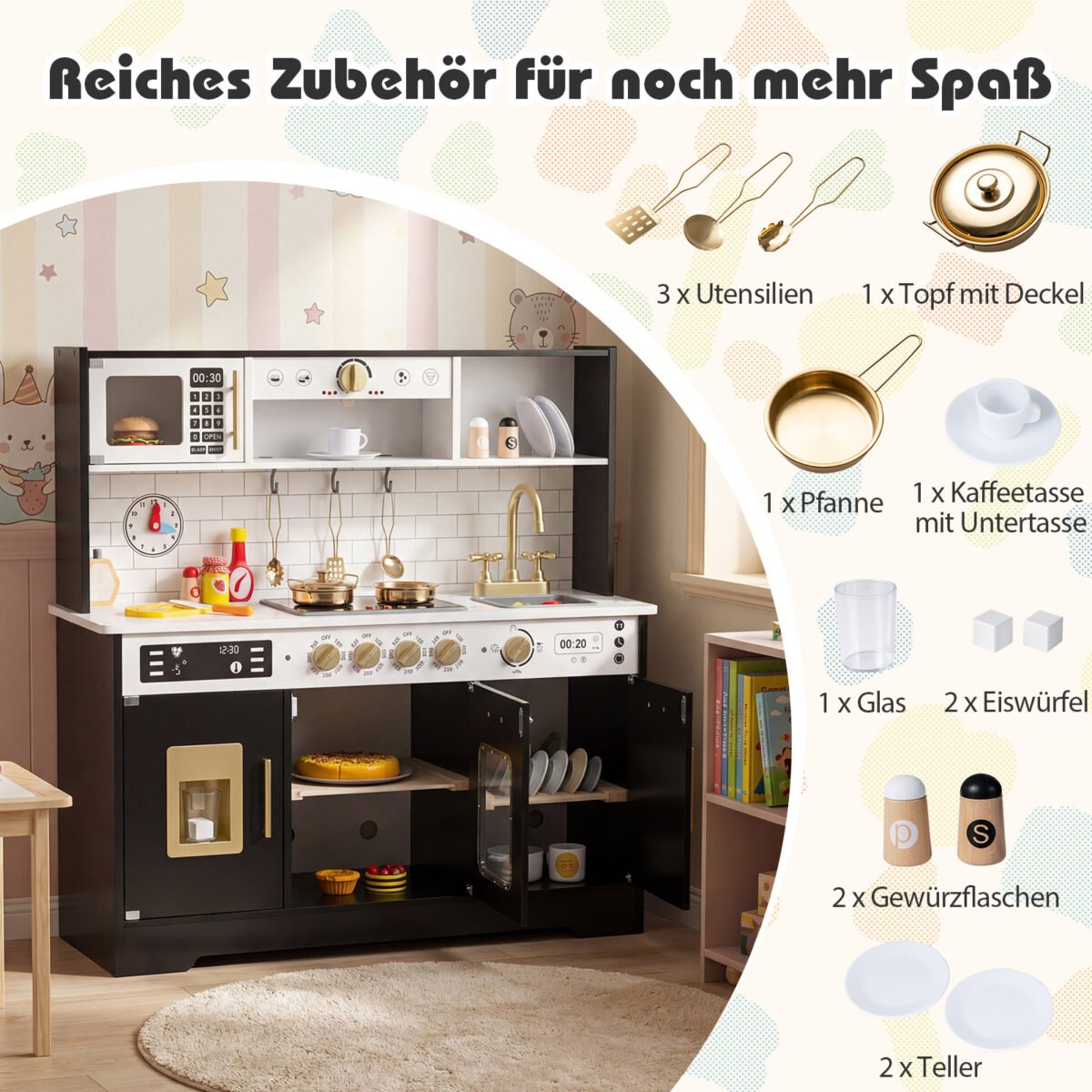 Medinė virtuvėlė vaikams su šviesa ir garsu (Juoda) – Paveikslėlis 3