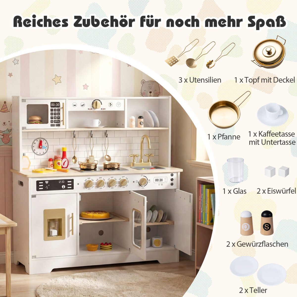 Medinė žaidimų virtuvėlė su virykle kriaukle ir šviesos bei garso efektais (Balta) – Paveikslėlis 3
