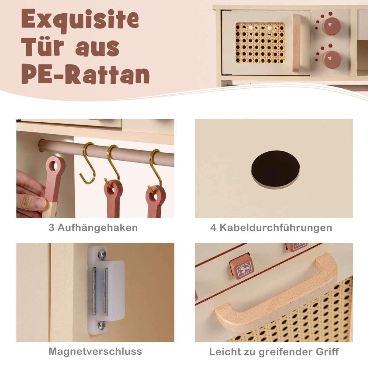 Medinė žaislinė virtuvėlė su šviesos ir garso efektais orkaite bei mikrobangų krosnele (Geltona) – Paveikslėlis 5