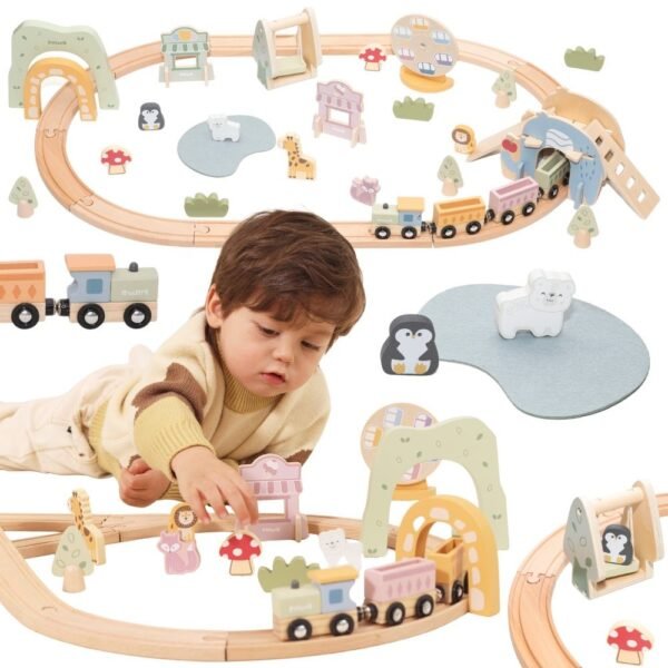 Medinis 62 dalių traukinukų ir pramogų parko rinkinys