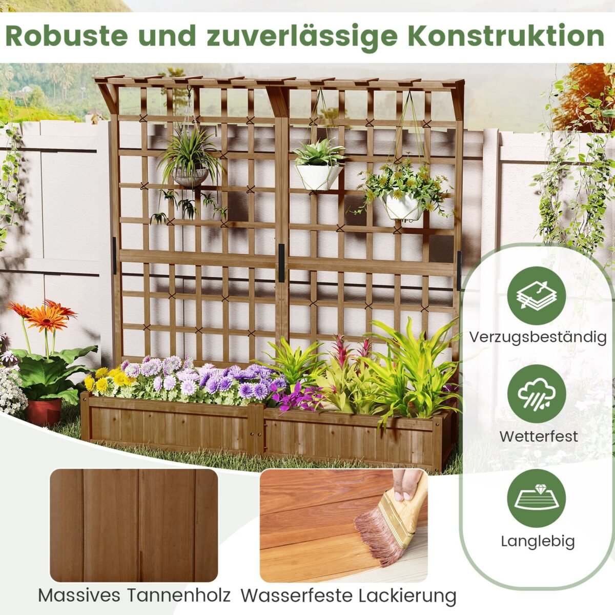 Medinis aukštas vazonas su grotelėmis ir stogeliu (Ruda) – Paveikslėlis 3