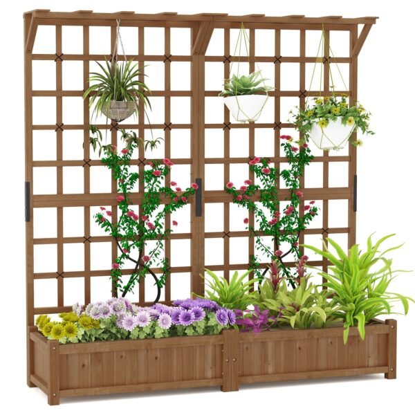 Medinis aukštas vazonas su grotelėmis ir stogeliu (Ruda)