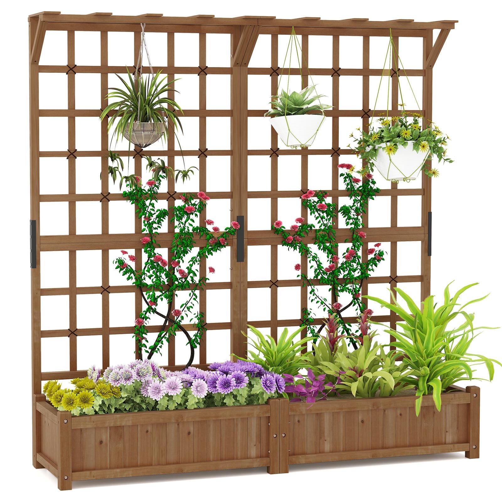 Medinis aukštas vazonas su grotelėmis ir stogeliu (Ruda)