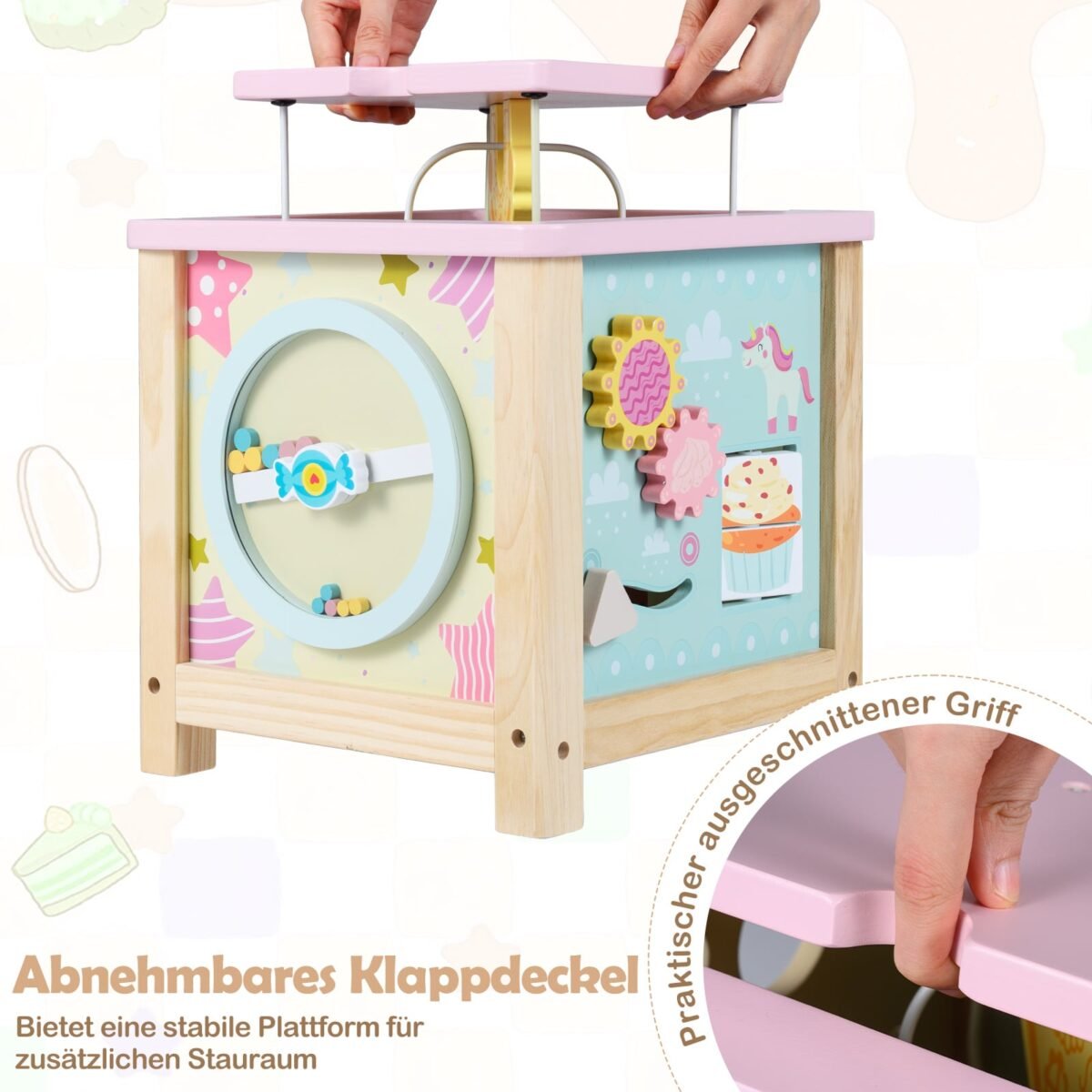 Medinis daugiafunkcis motorikos kubas su lavinamosiomis veiklomis ir daiktadėže (Daugiaspalvis) – Paveikslėlis 3