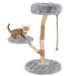 Medinis draskymo stulpas su 3 pliušinėmis poilsio vietomis katėms (Pilka)