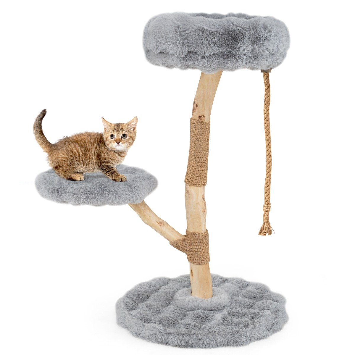 Medinis draskymo stulpas su 3 pliušinėmis poilsio vietomis katėms (Pilka)