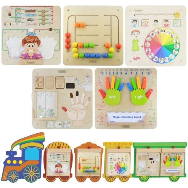 Medinis traukinio formos sieninis edukacinių lentelių rinkinys su 5 keičiamomis lentelėmis