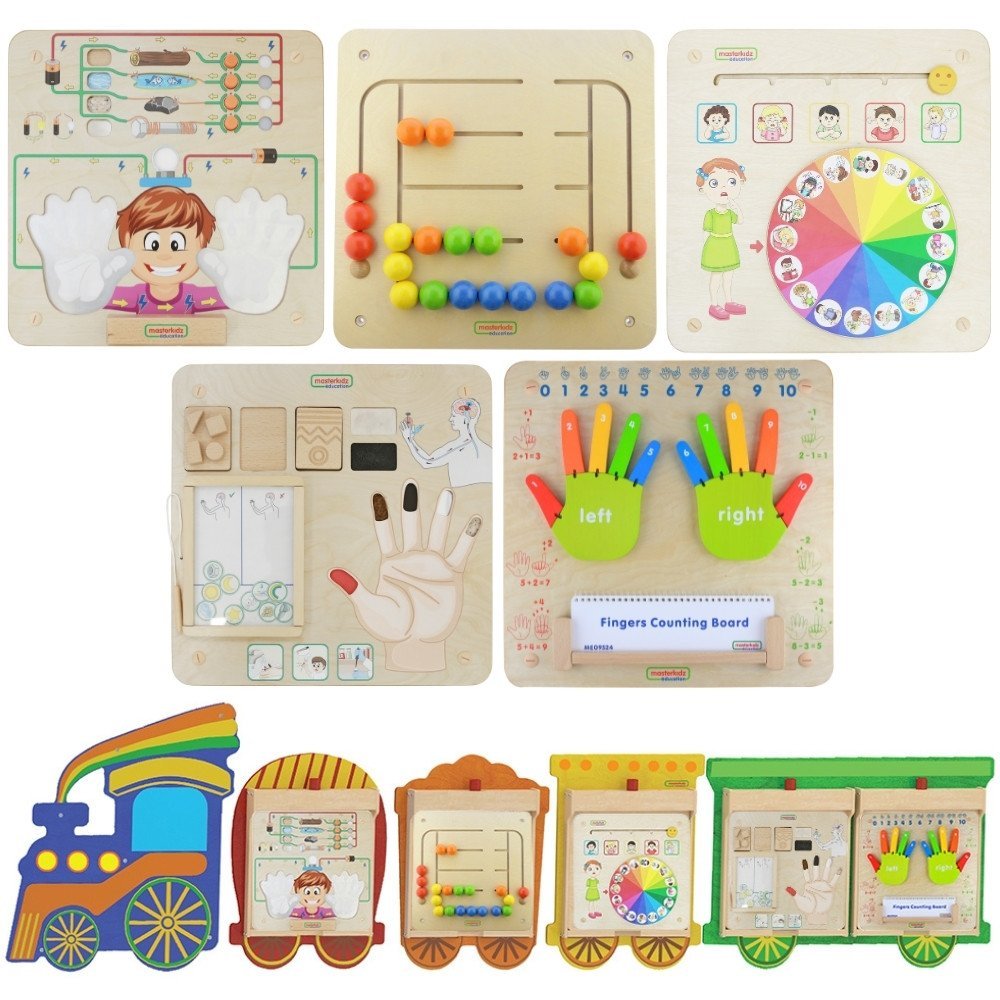 Medinis traukinio formos sieninis edukacinių lentelių rinkinys su 5 keičiamomis lentelėmis