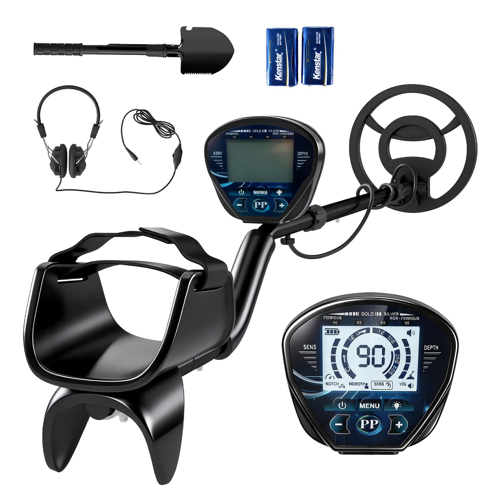 Metalodetektorius su IP68 atsparia vandeniui paieškos rite ir priedų komplektu