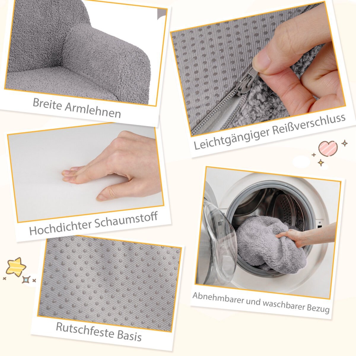 Minkšta vaikų mini sofa su porankiais ir atlošu (Pilka) – Paveikslėlis 4