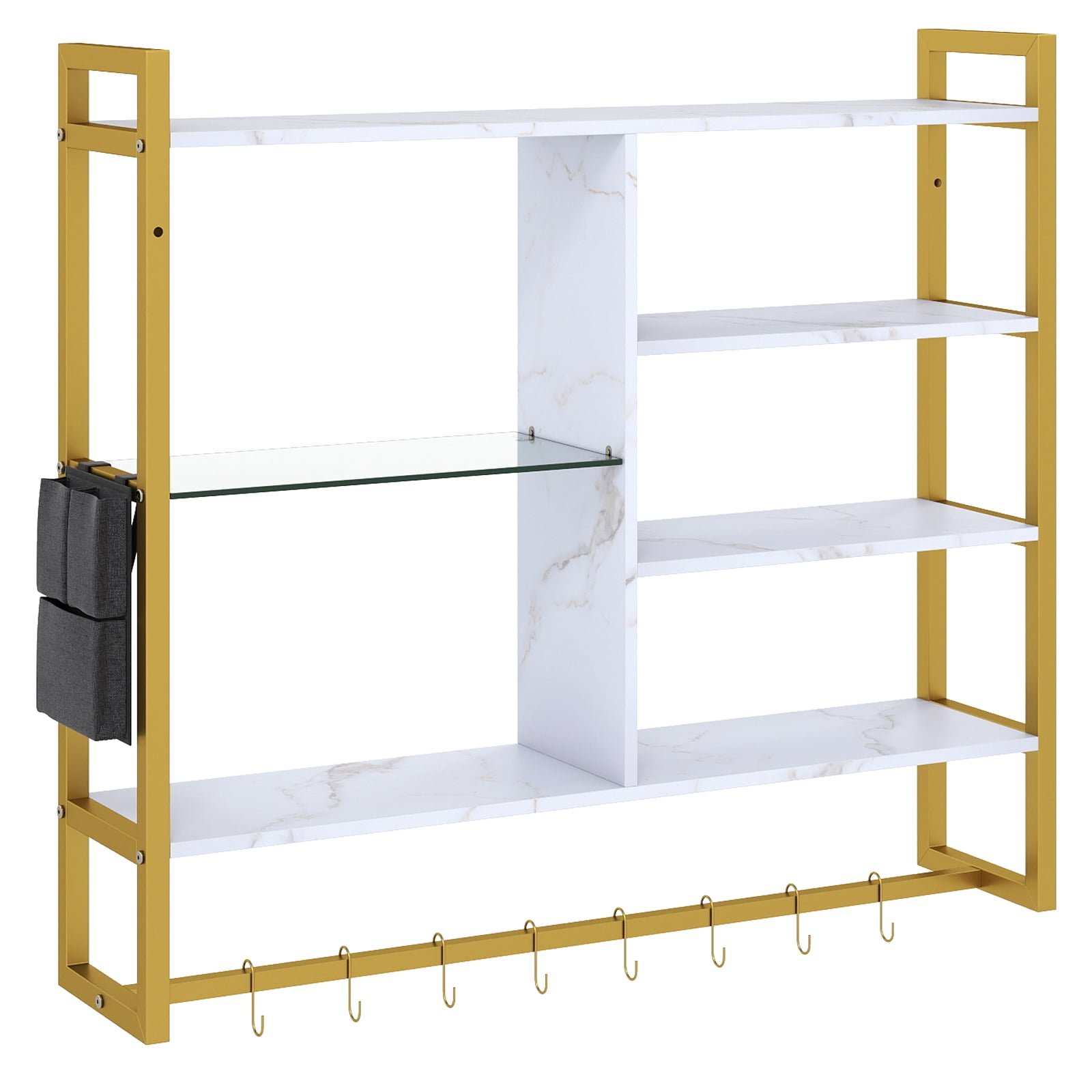 Moderni 6-lygių pakabinama lentyna su S-kabliais ir šonine kišene (Balta)