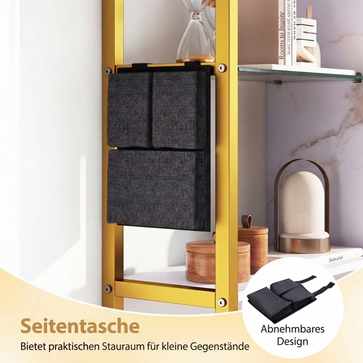 Moderni 6-lygių pakabinama lentyna su S-kabliais ir šonine kišene (Balta) – Paveikslėlis 3