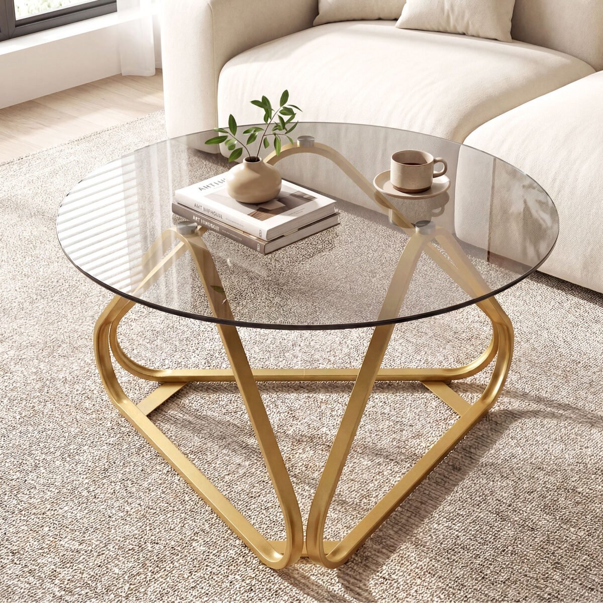 Modernus apvalus kavos staliukas su grūdinto stiklo stalviršiu ir metaliniu rėmu (Auksinė) – Paveikslėlis 2
