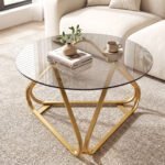 Modernus apvalus kavos staliukas su grūdinto stiklo stalviršiu ir metaliniu rėmu (Auksinė) – Paveikslėlis 2