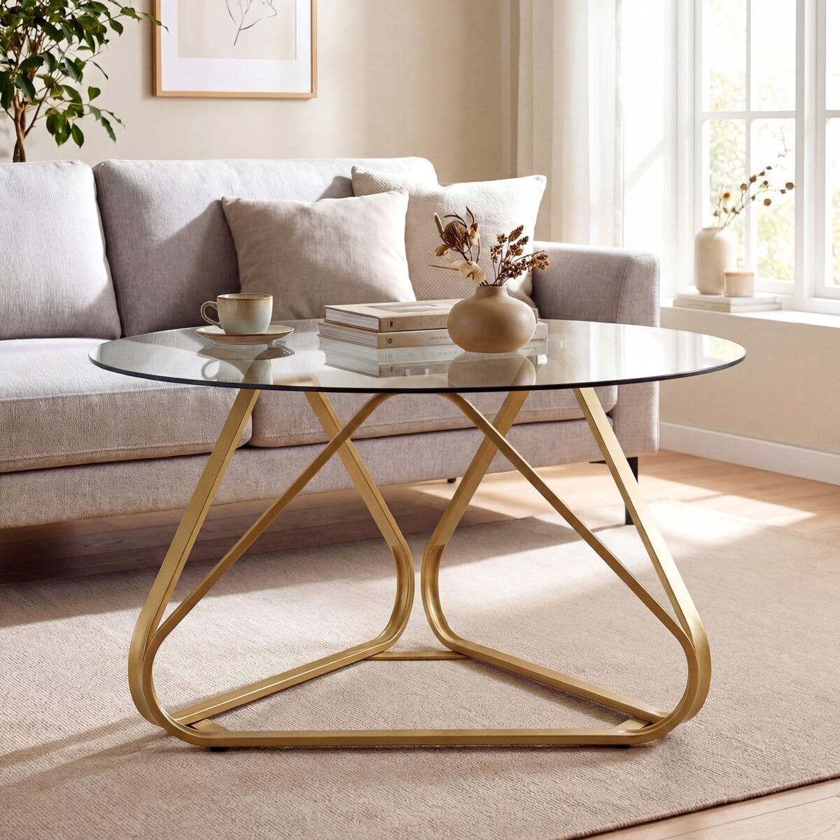 Modernus apvalus kavos staliukas su grūdinto stiklo stalviršiu ir metaliniu rėmu (Auksinė) – Paveikslėlis 3