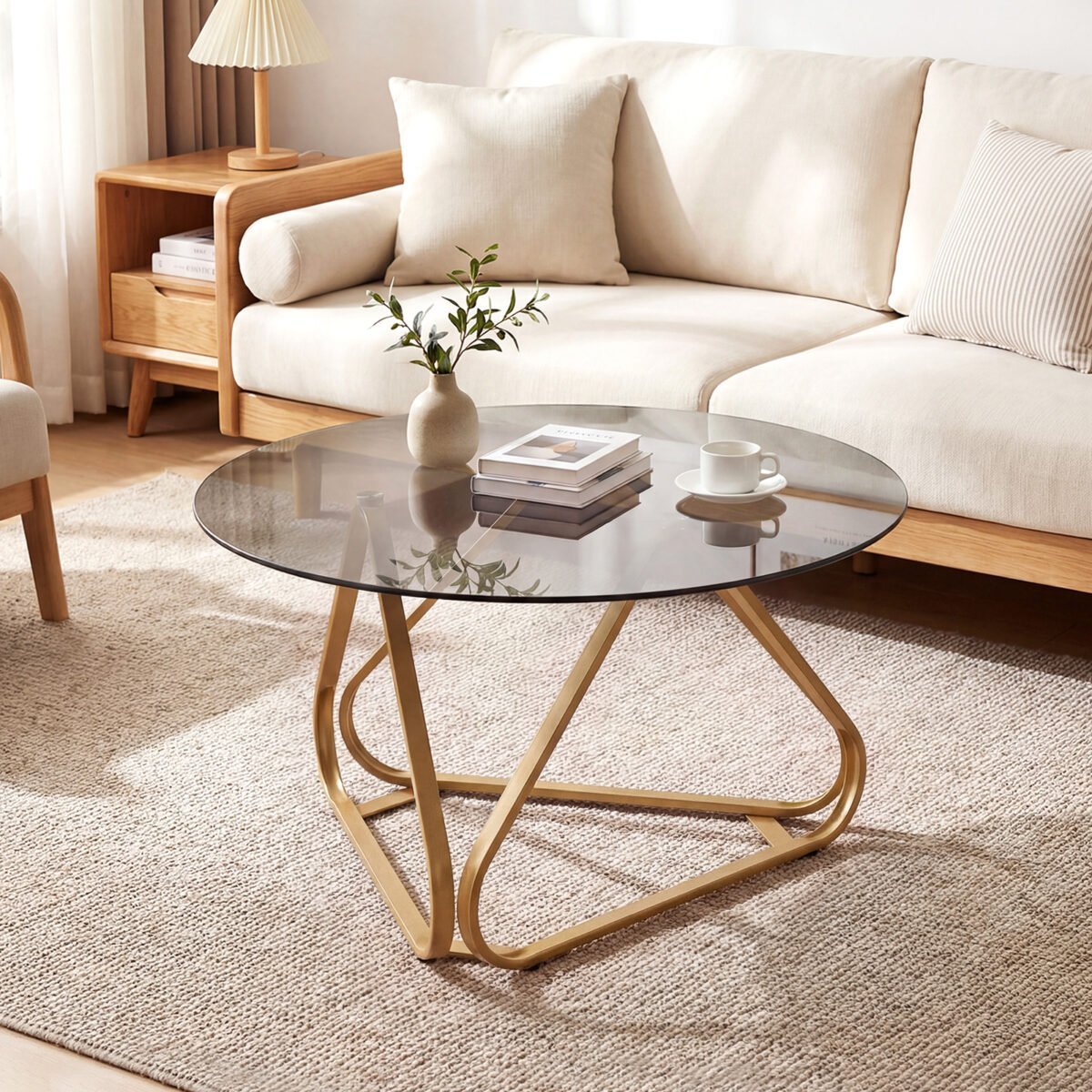 Modernus apvalus kavos staliukas su grūdinto stiklo stalviršiu ir metaliniu rėmu (Auksinė) – Paveikslėlis 4