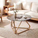 Modernus apvalus kavos staliukas su grūdinto stiklo stalviršiu ir metaliniu rėmu (Auksinė) – Paveikslėlis 4